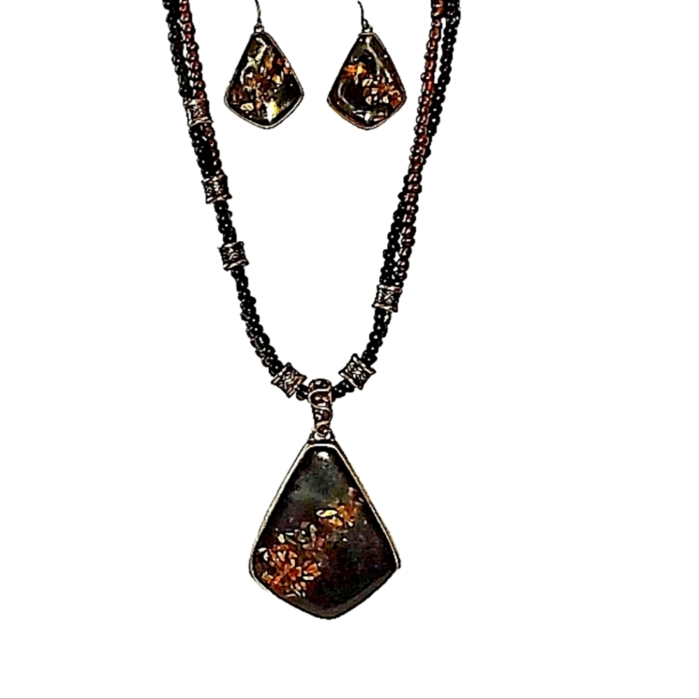 LAURA ASHLEY Statement Necklace & Earring Set. Black With Golden Flowers